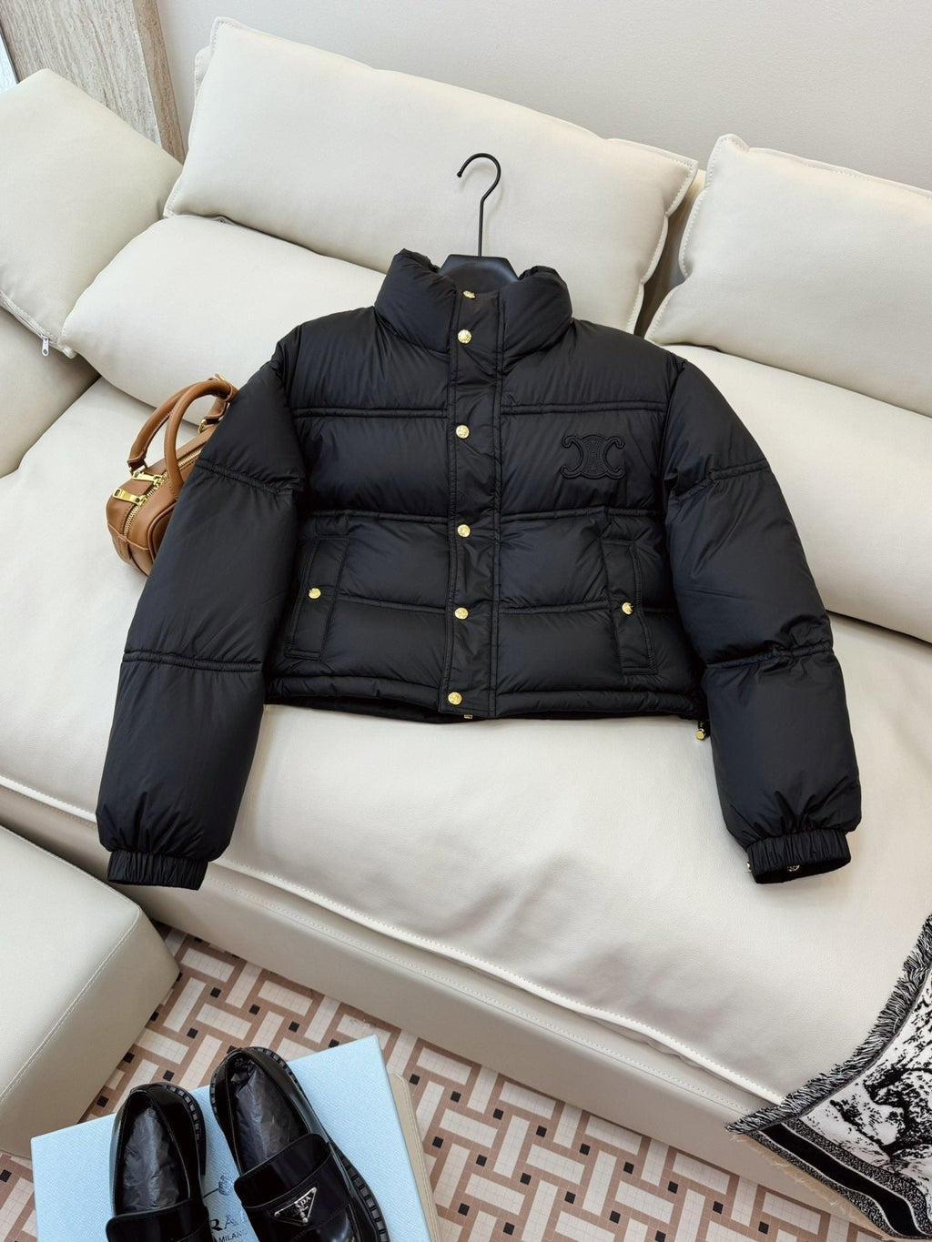 CELINE Cropped Triomphe Monogram Puffer Jacket