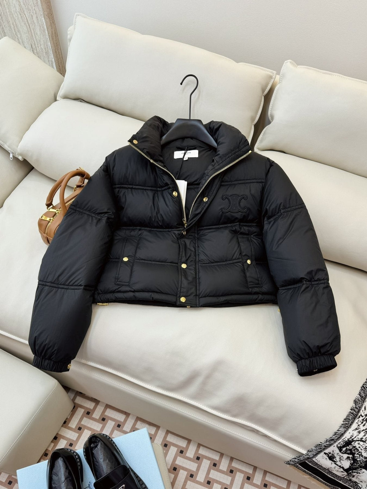 CELINE Cropped Triomphe Monogram Puffer Jacket