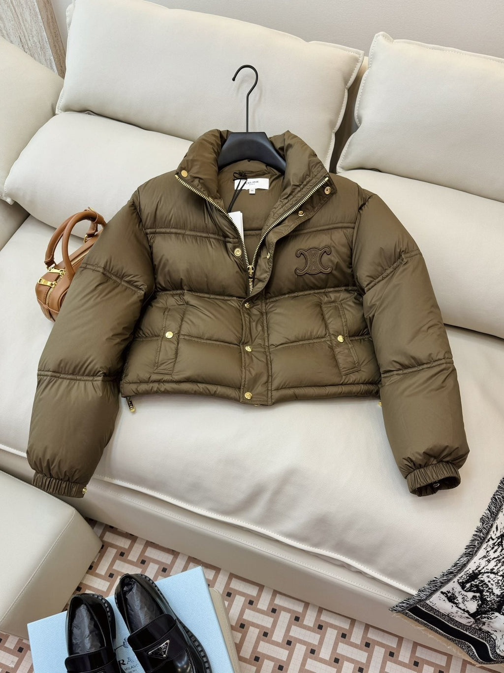 CELINE Cropped Triomphe Monogram Puffer Jacket