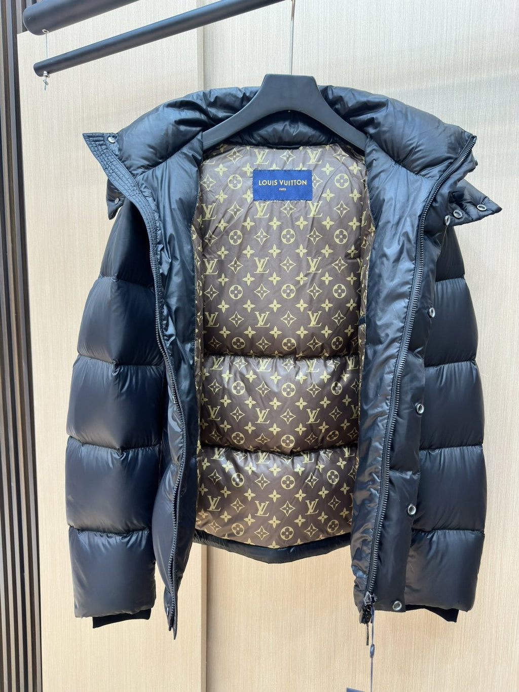 LV Black Hooded Puffer Coat with Monogram Lining