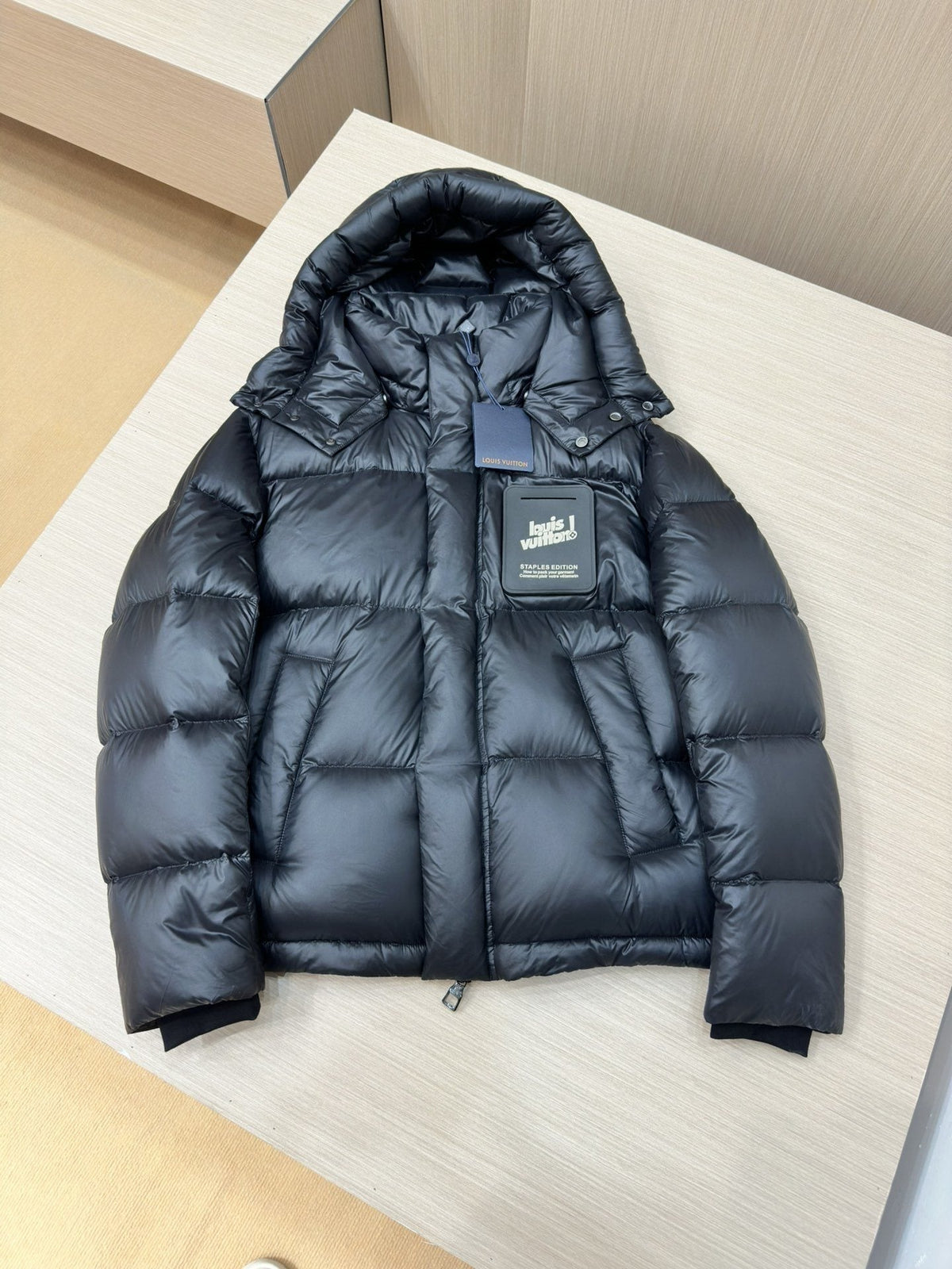 LV Black Hooded Puffer Coat with Monogram Lining