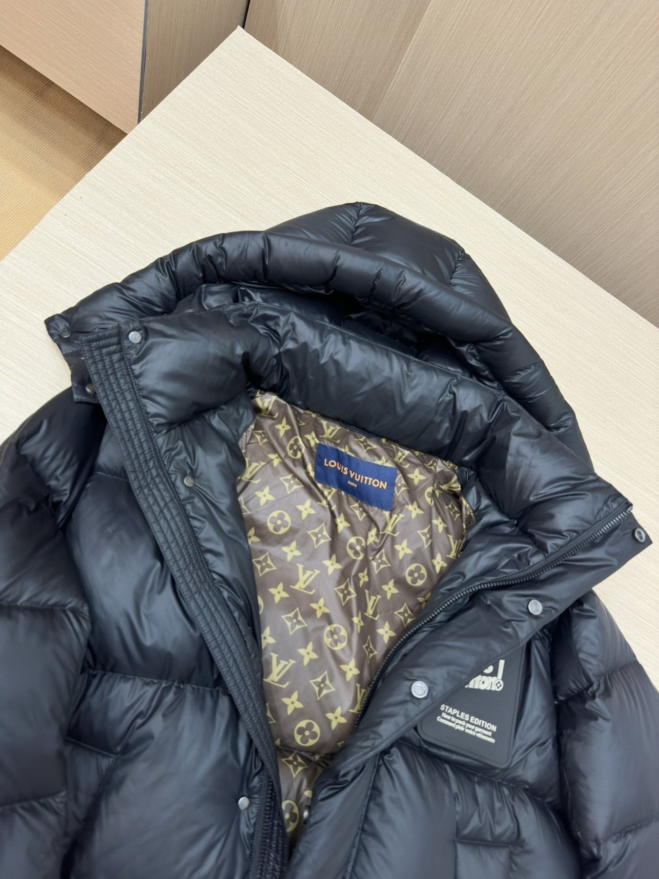 LV Black Hooded Puffer Coat with Monogram Lining