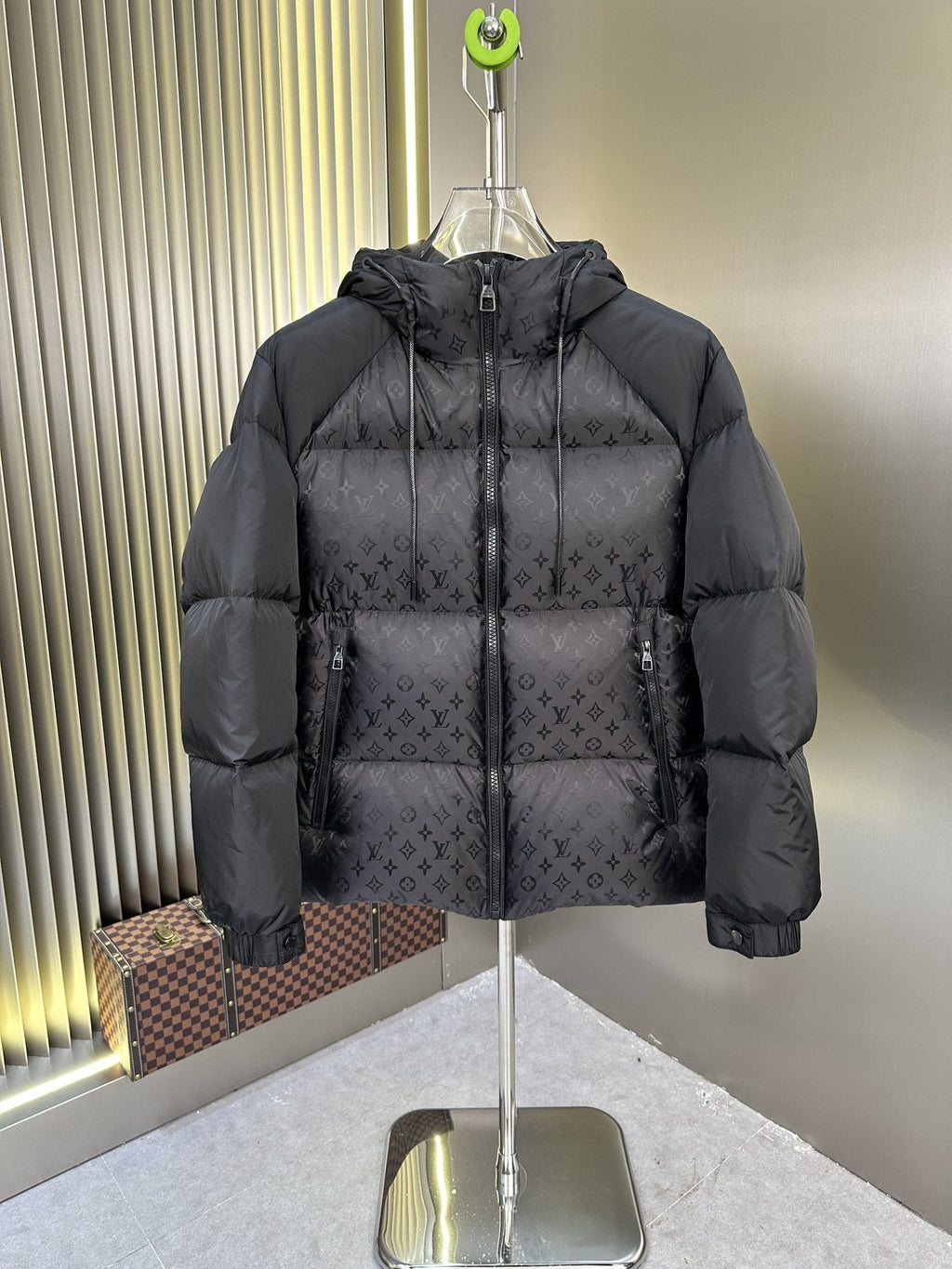 LV Hooded Monogram-Panel Puffer Coat