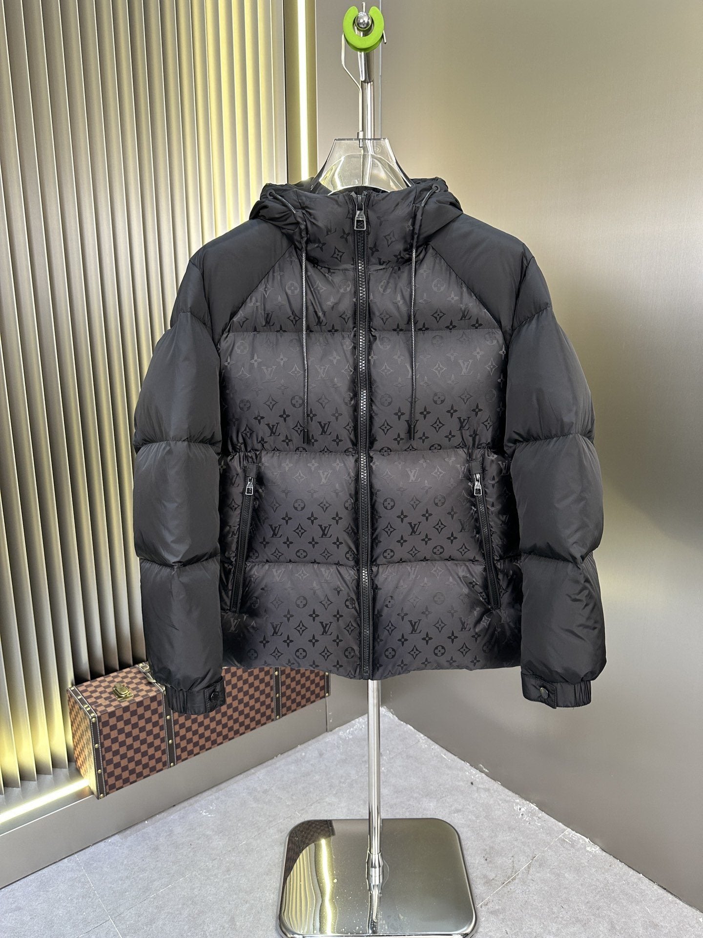 LV Hooded Monogram-Panel Puffer Coat