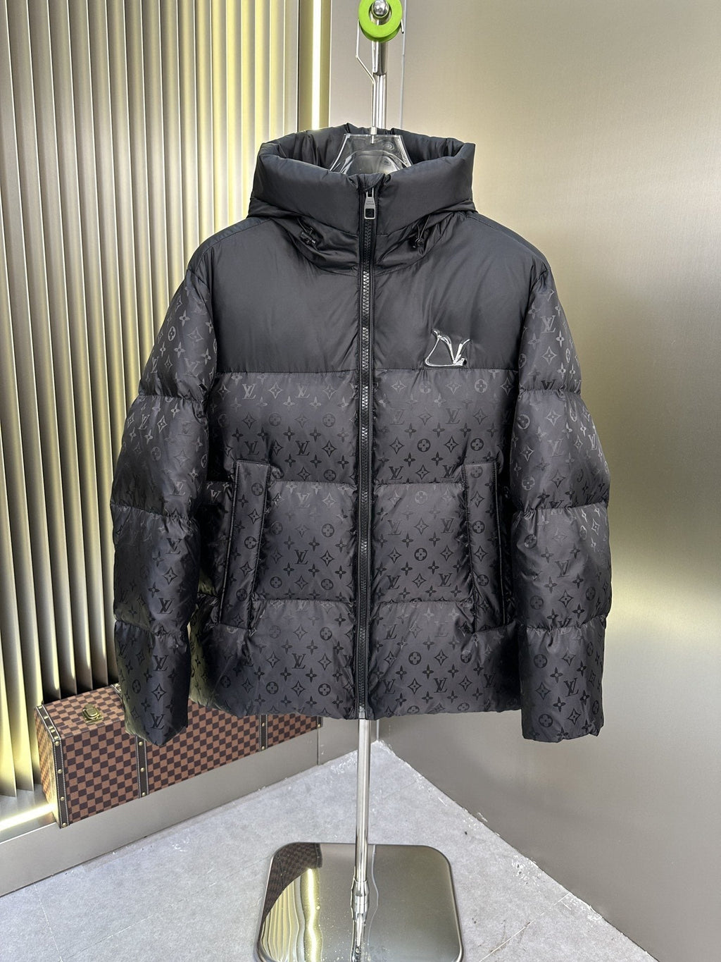 LV Hooded Monogram-Panel Puffer Coat