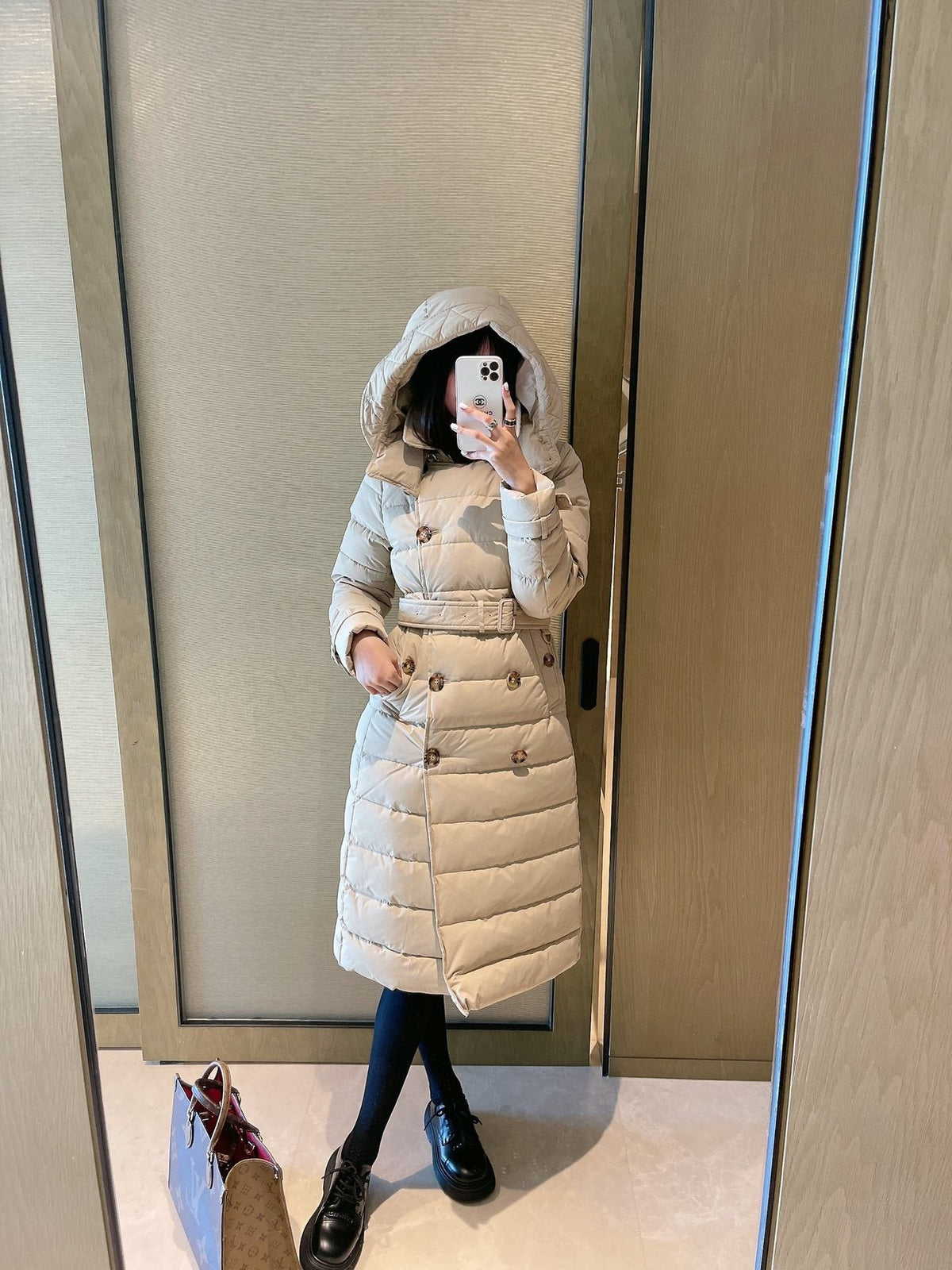 Burberry Belted Double-Breasted Long Down Jacket