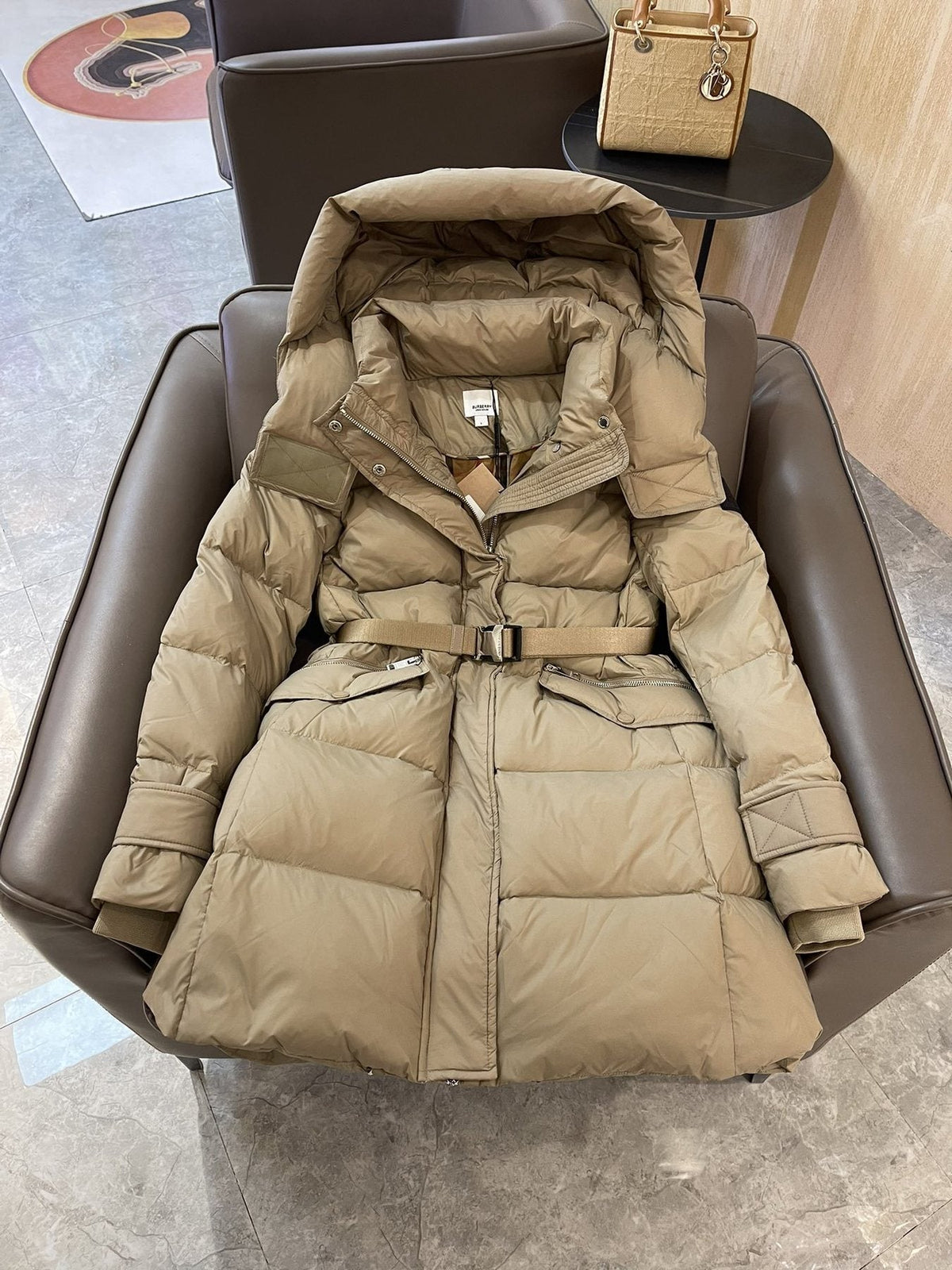 Burberry Belted Hooded Long Down Jacket
