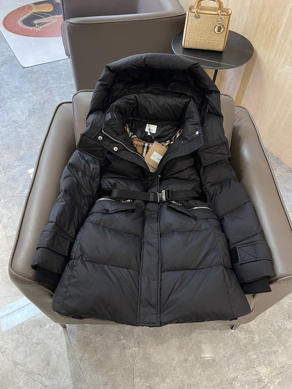 Burberry Belted Hooded Long Down Jacket
