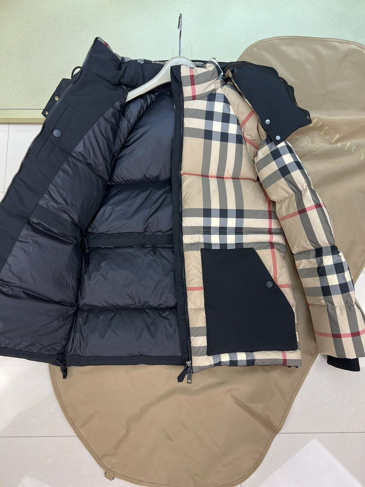 Burberry Reversible Beige Check Hooded Puffer Jacket