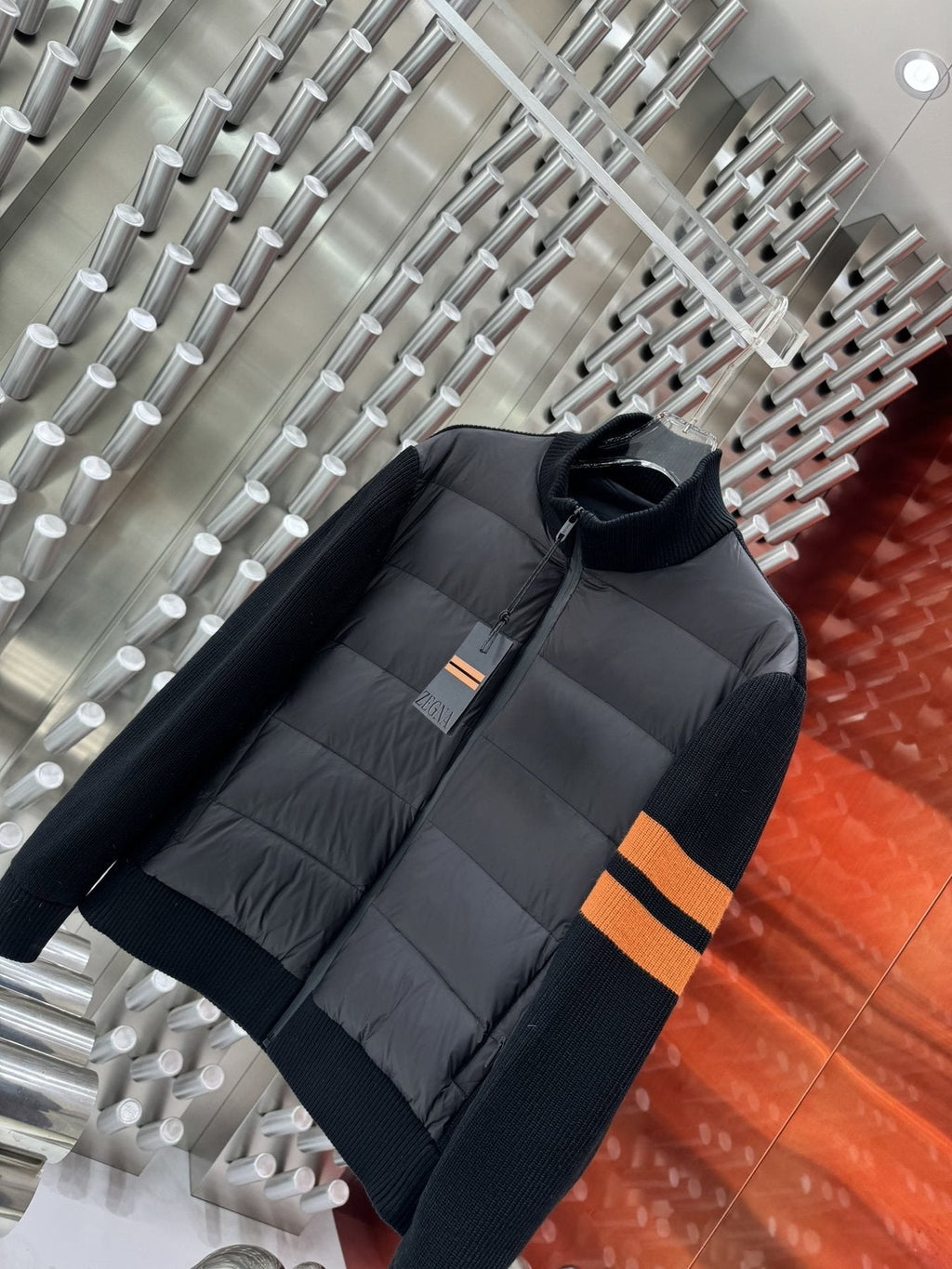 Zegna Striped-Sleeve Hybrid Puffer Coat