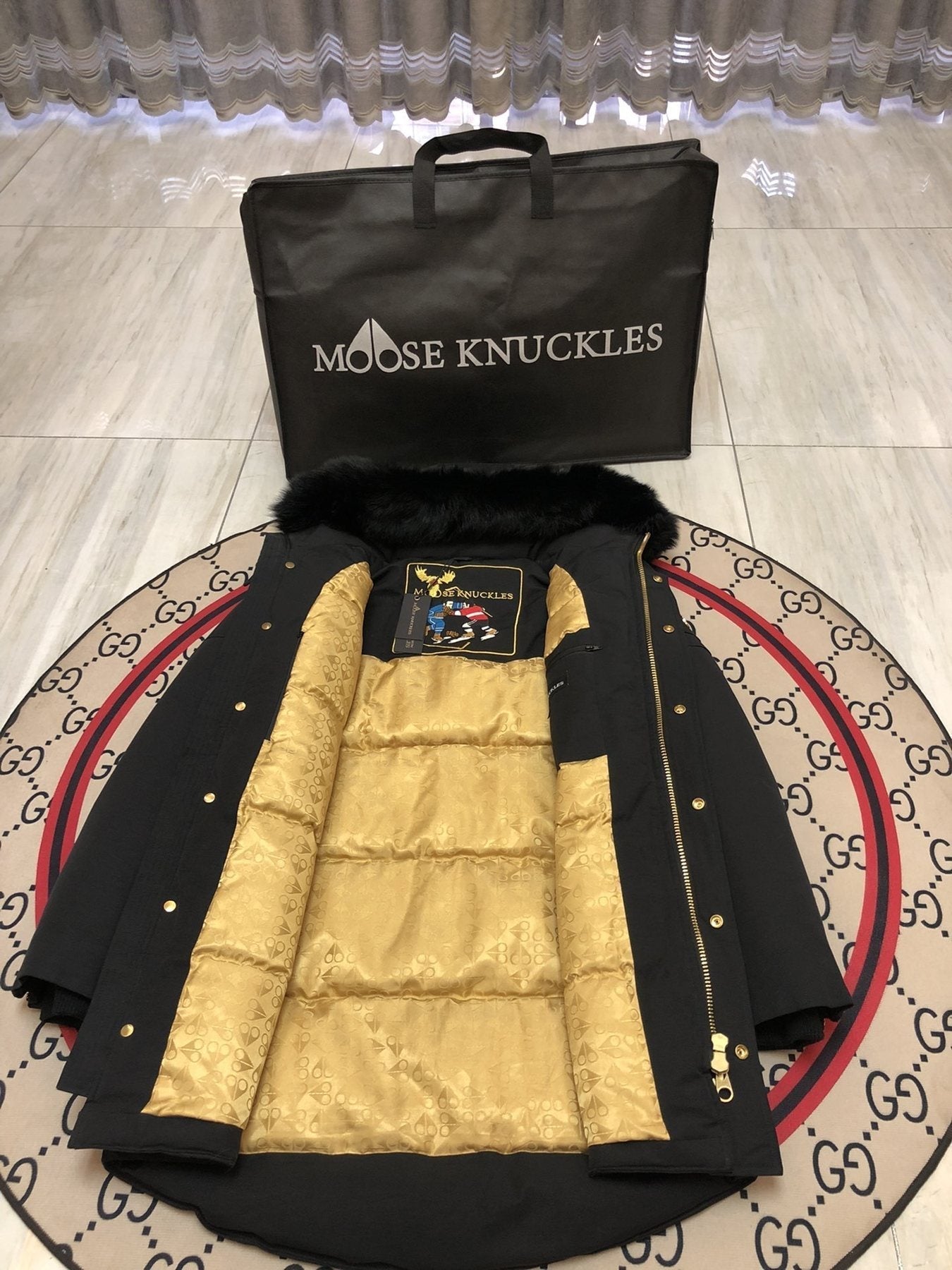 Moose Knuckles Men's Black Fur-Trim Hood Long Parka