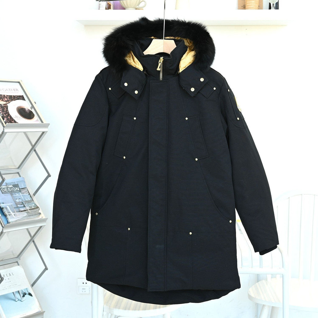 Moose Knuckles Men's Black Fur-Trim Hood Long Parka