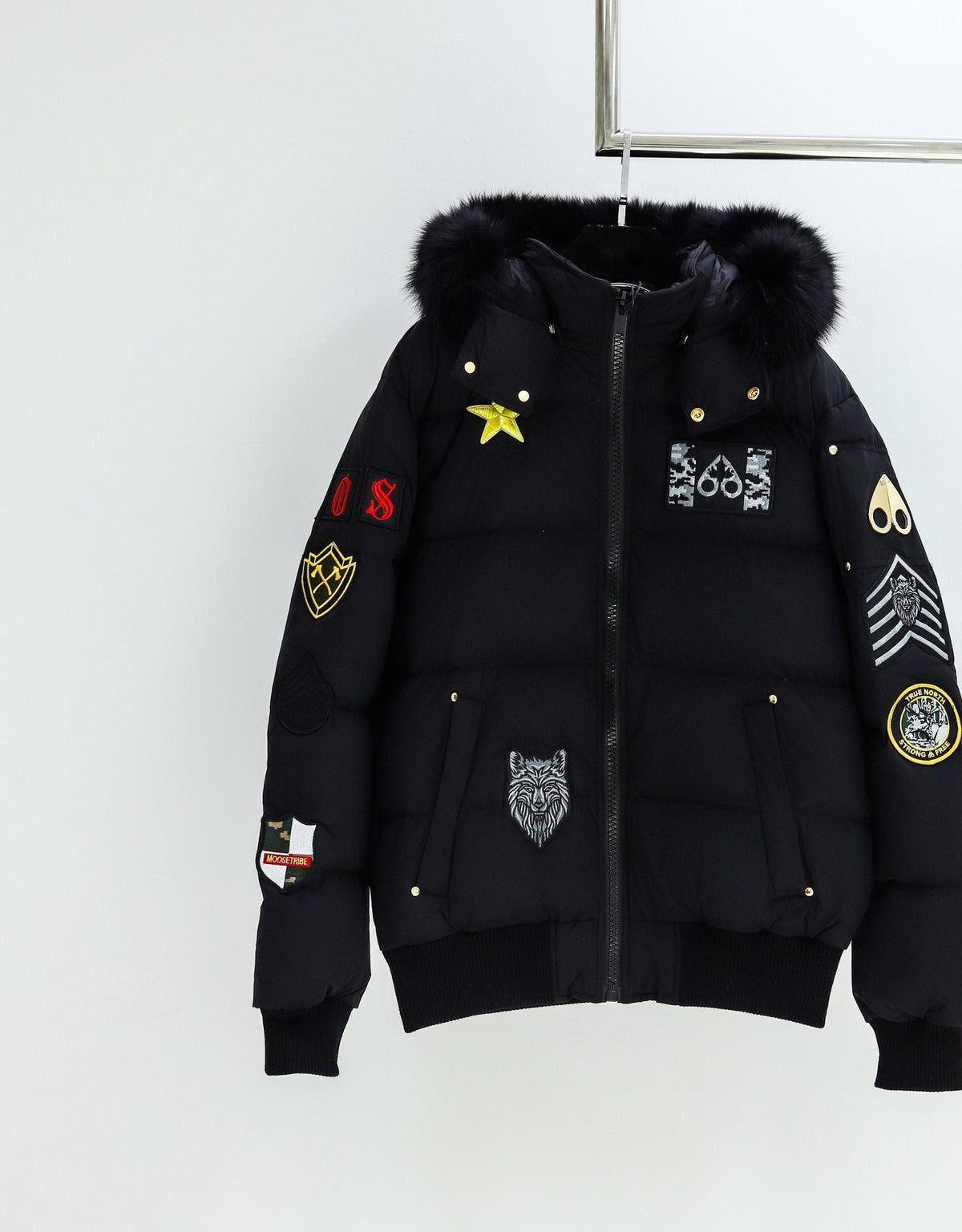 Moose Knuckles Black Fur-Trim Hooded Puffer Jacket