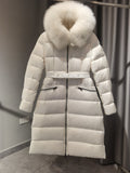 Moncler Long Belted Fur-Trim Hooded Down Coat