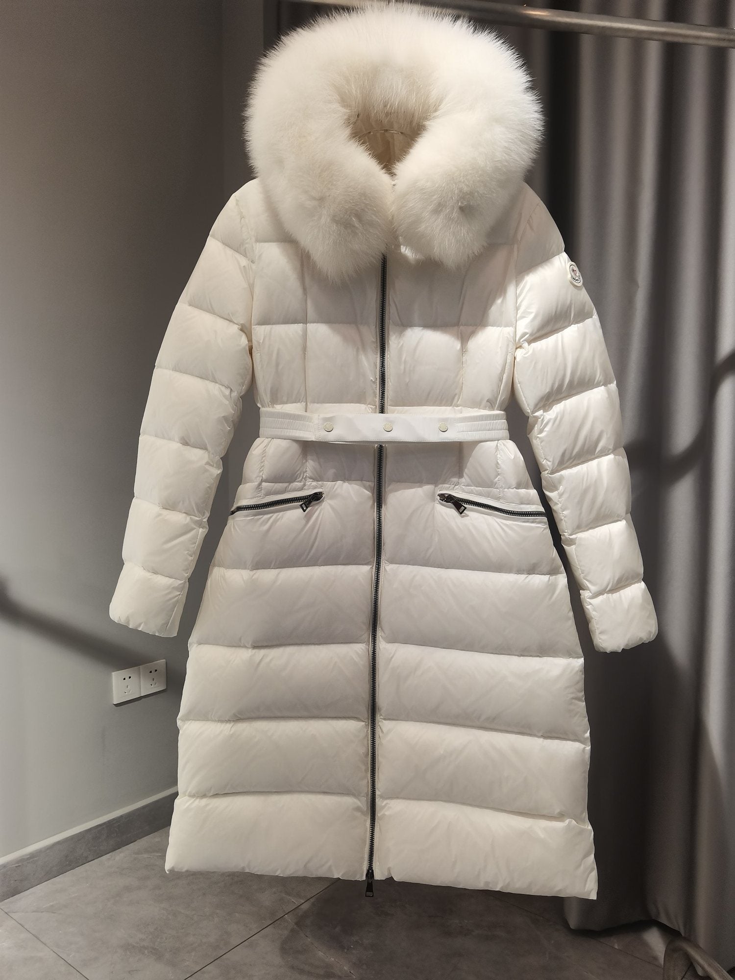 Moncler Long Belted Fur-Trim Hooded Down Coat