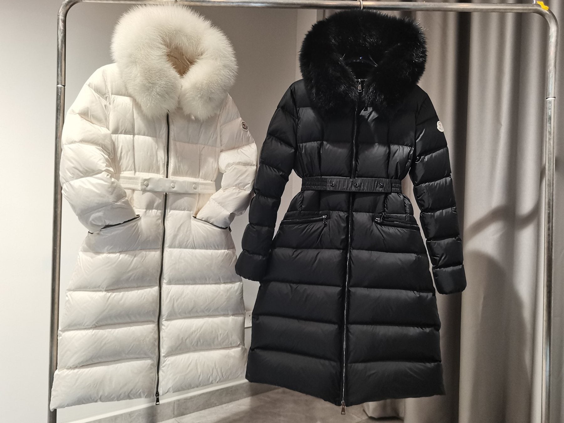 Moncler Long Belted Fur-Trim Hooded Down Coat