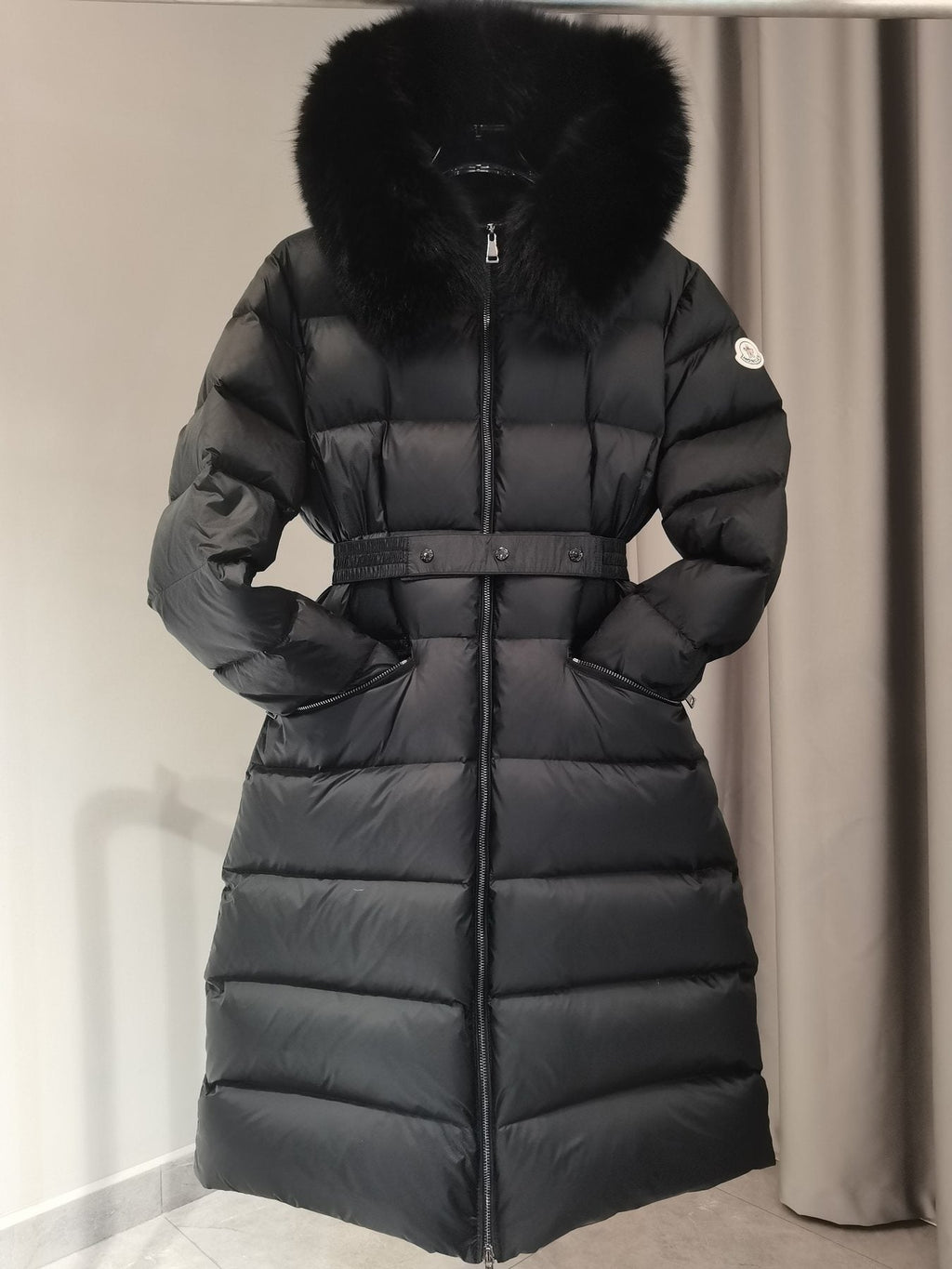 Moncler Long Belted Fur-Trim Hooded Down Coat