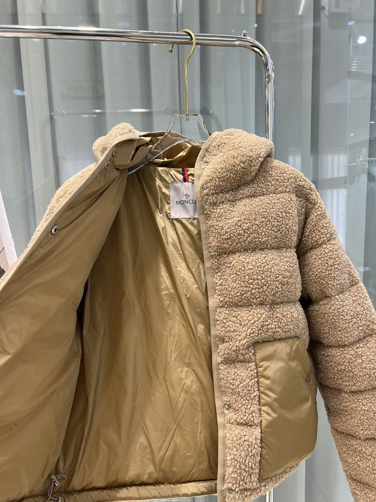 Moncler Beige Sherpa Hooded Puffer Coat