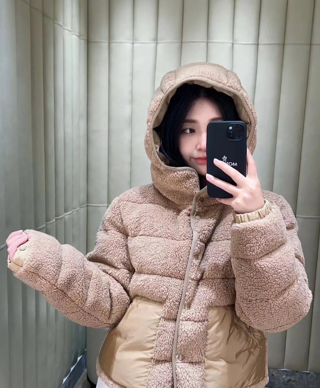 Moncler Beige Sherpa Hooded Puffer Coat