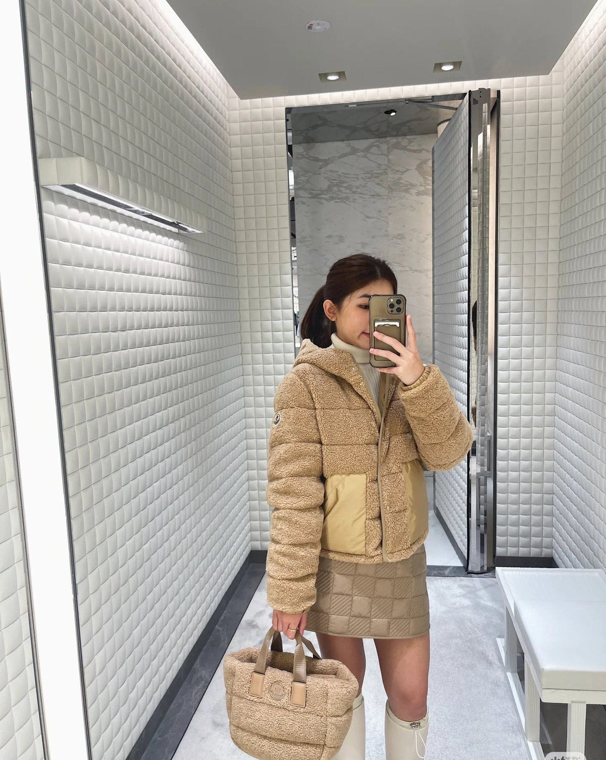 Moncler Beige Sherpa Hooded Puffer Coat