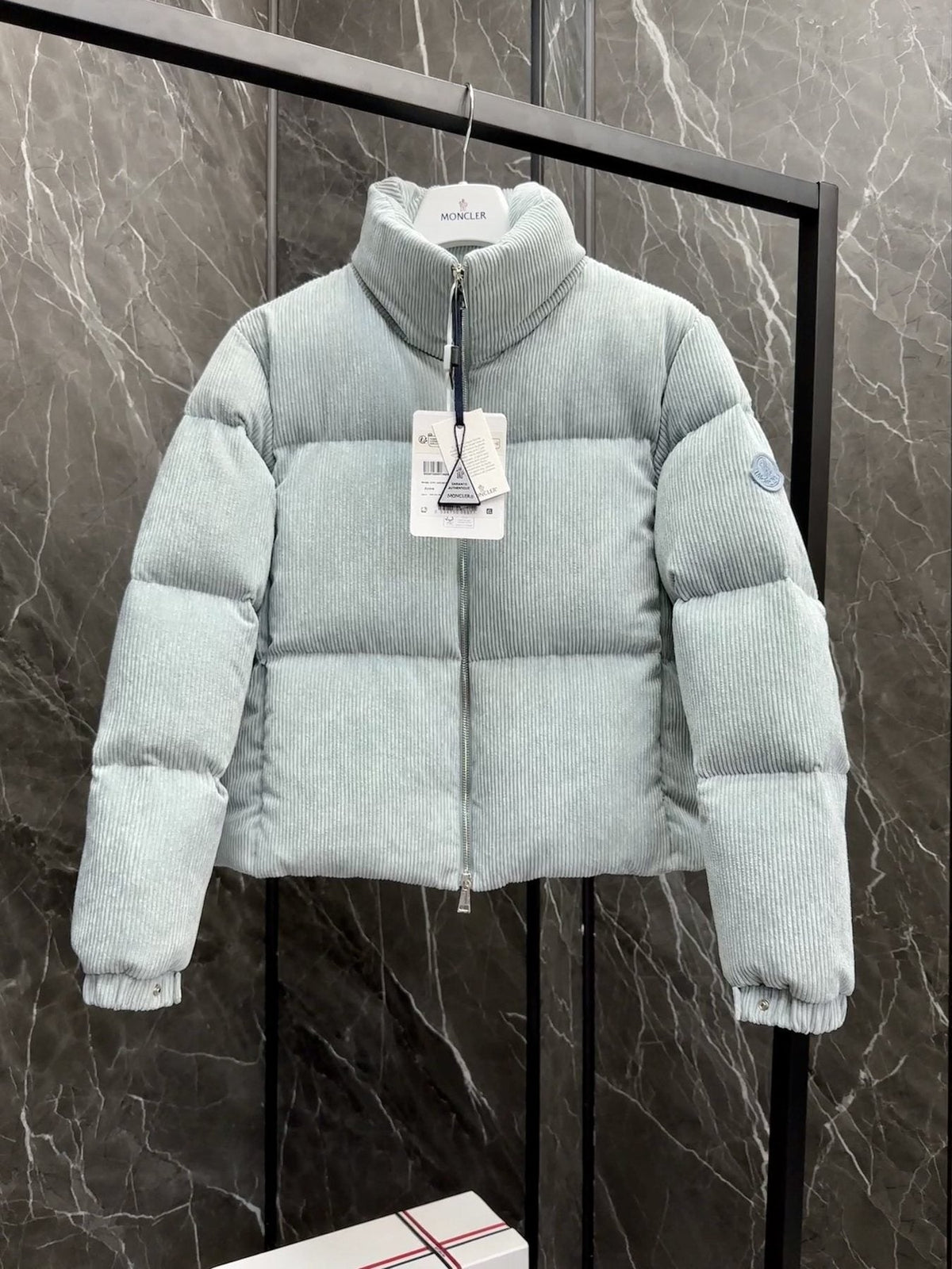 Moncler Light Blue Corduroy Cropped Puffer Coat