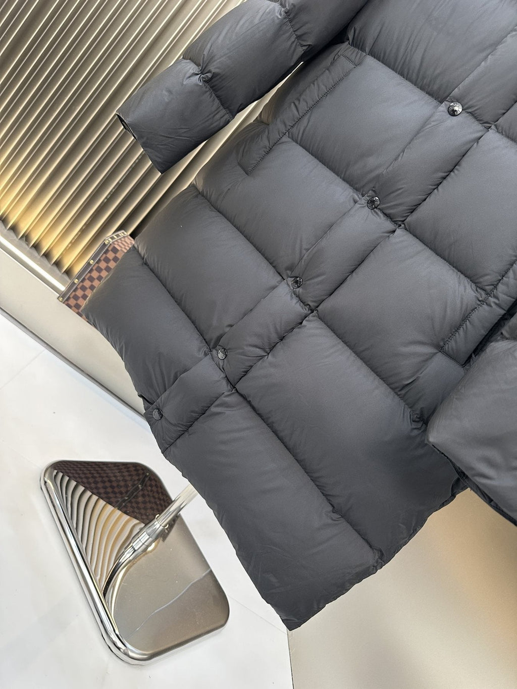 Moncler Charcoal Grey Long Hooded Puffer Coat