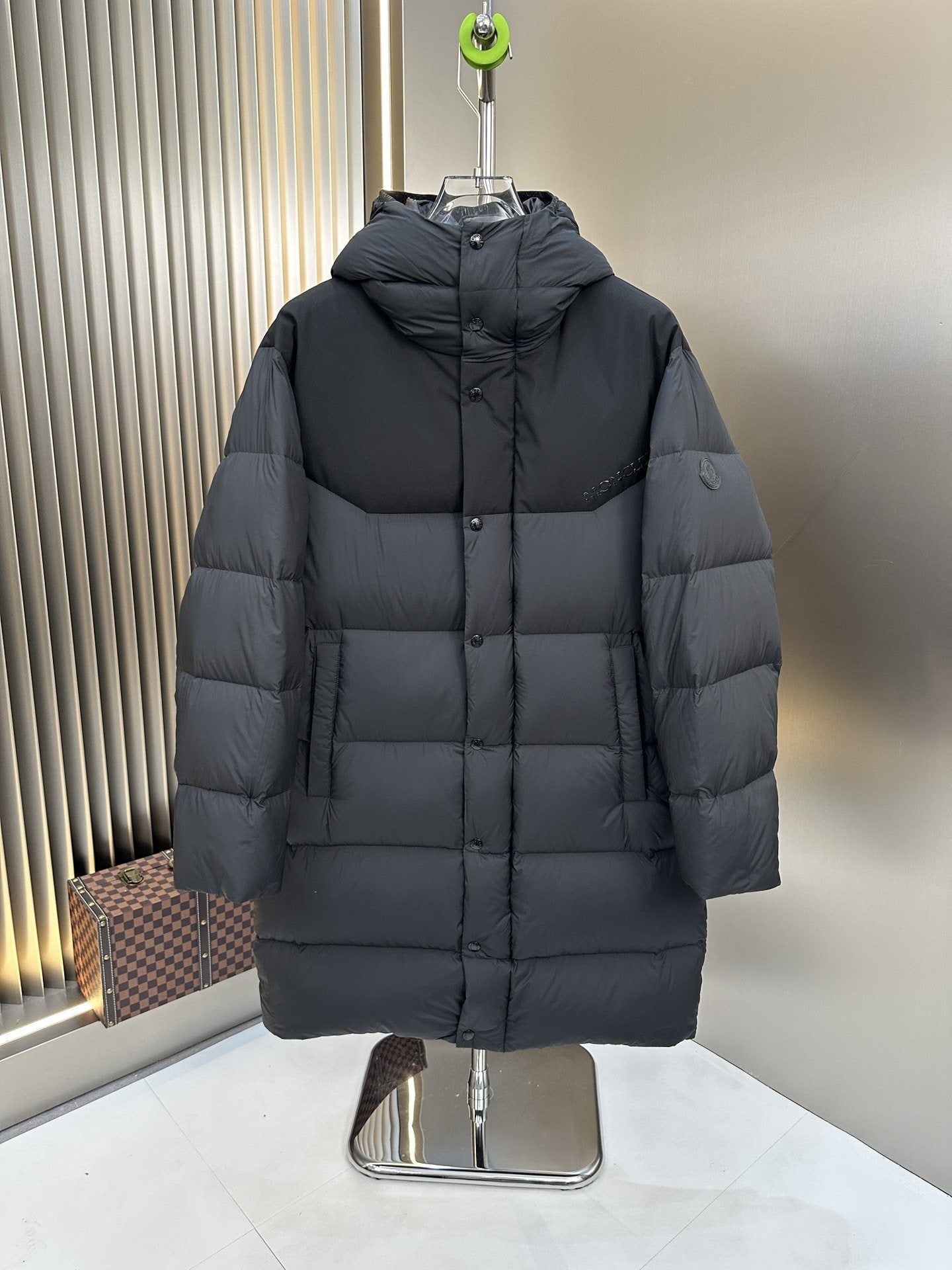 Moncler Charcoal Grey Long Hooded Puffer Coat