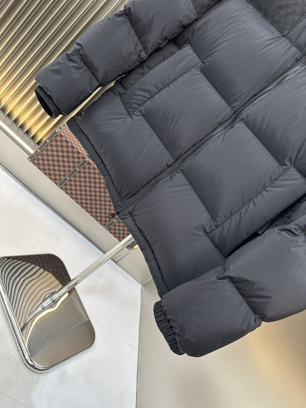 LV Dark Grey Hooded Quilted Puffer Coat