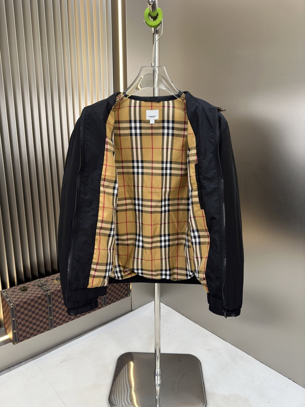 Moncler Black Zip-Front Jacket with Checked Lining