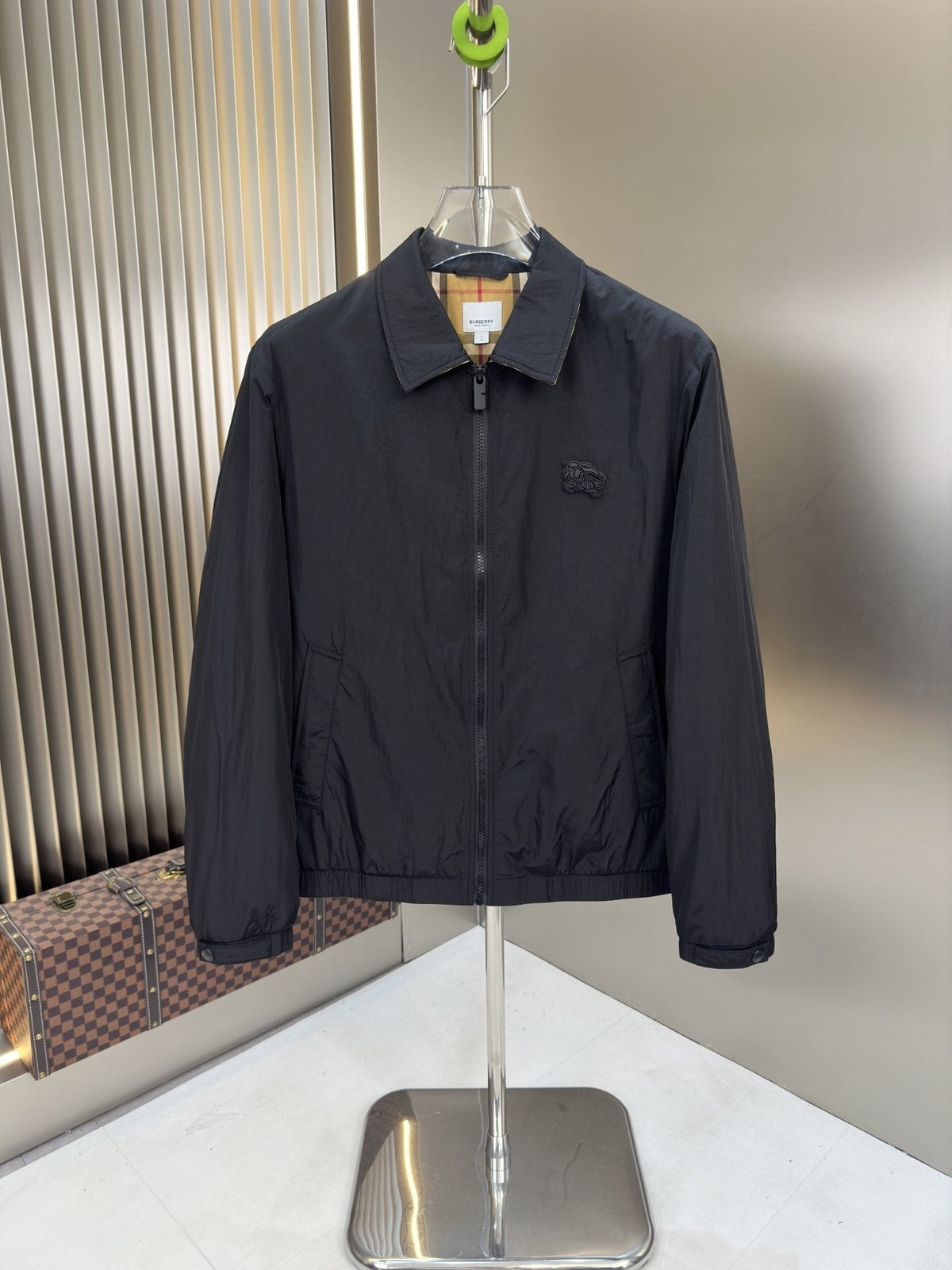 Moncler Black Zip-Front Jacket with Checked Lining