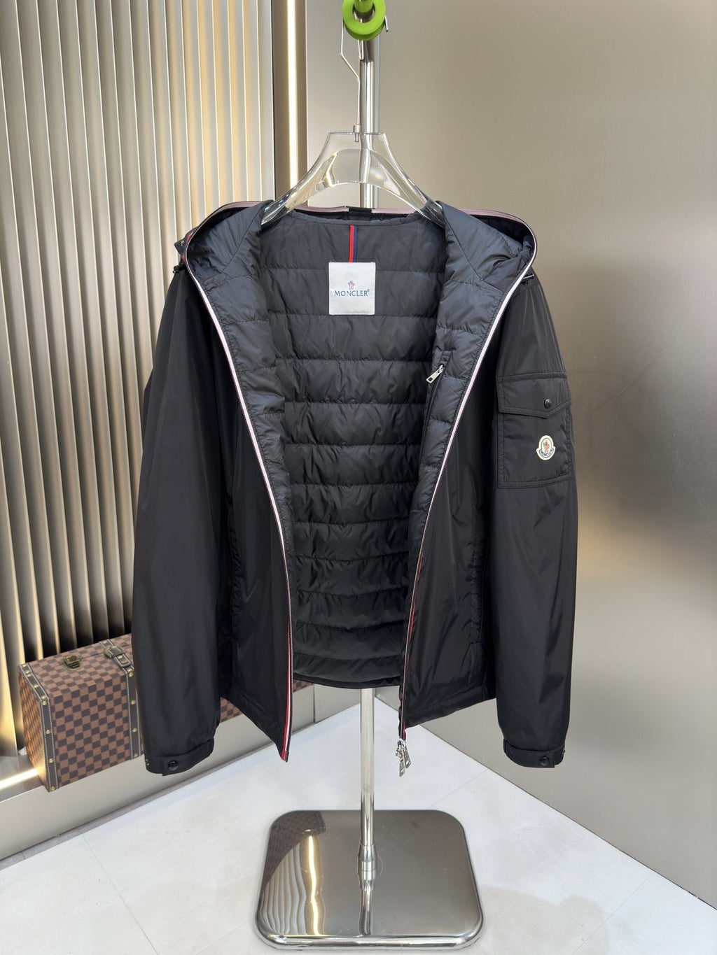 Moncler Black Hooded Contrast Zip Coat
