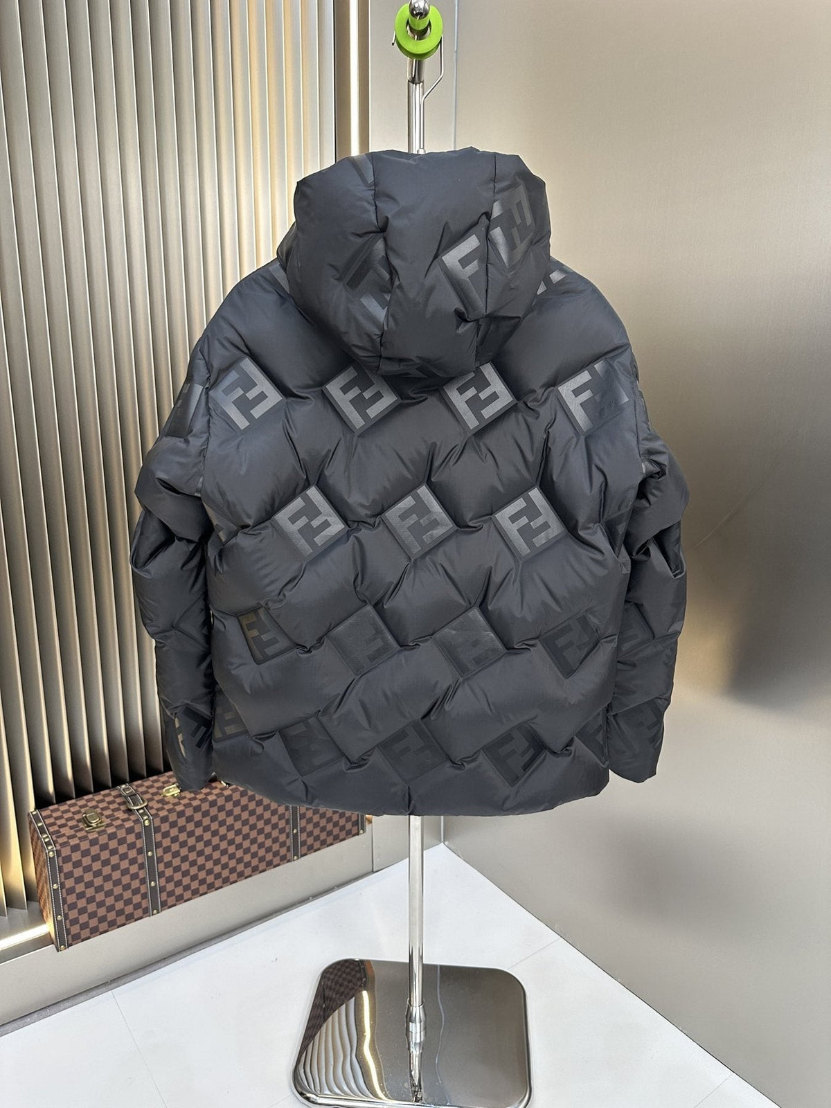 Fendi Black Hooded Tonal Geometric Puffer Jacket