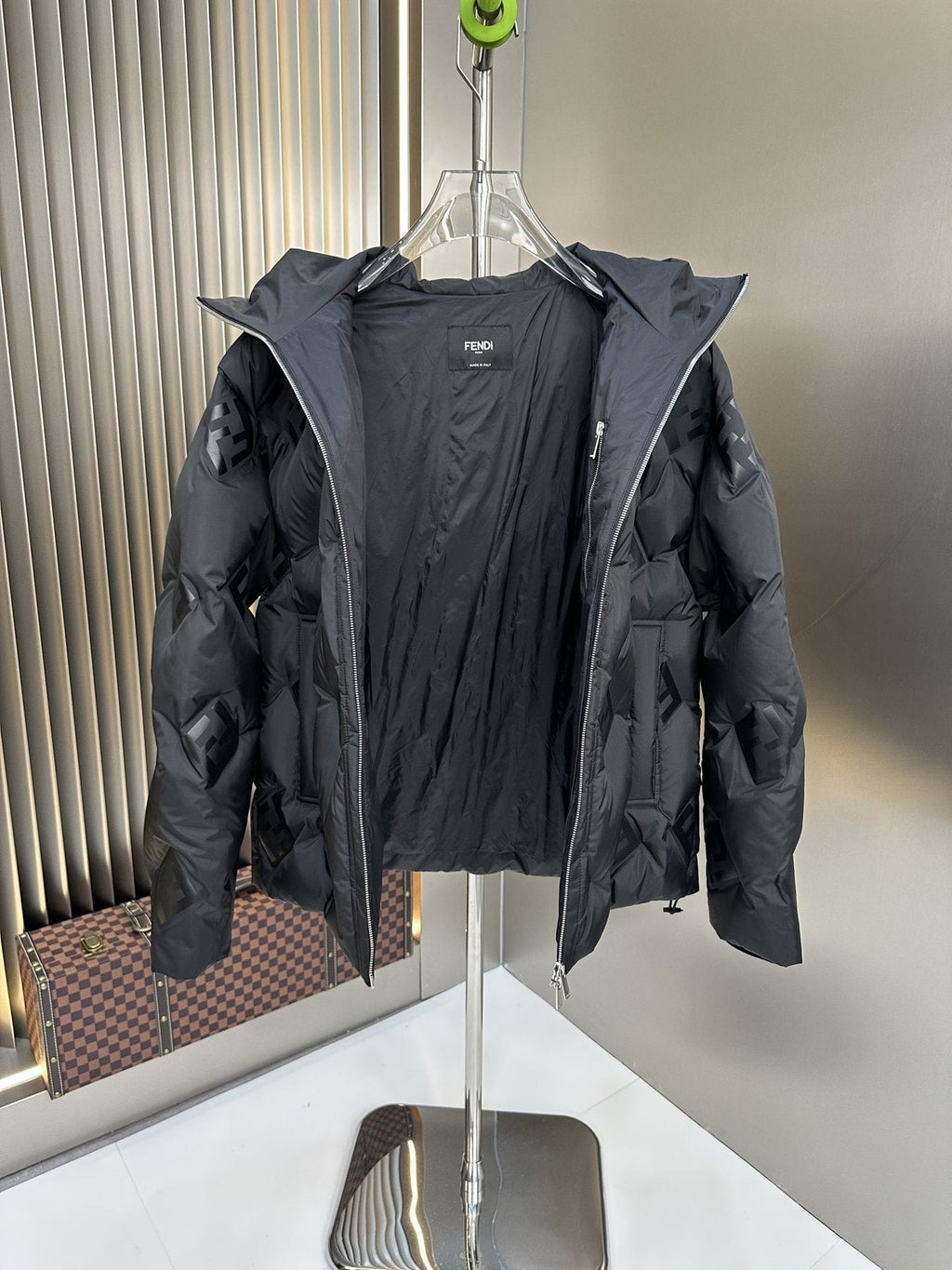 Fendi Black Hooded Tonal Geometric Puffer Jacket