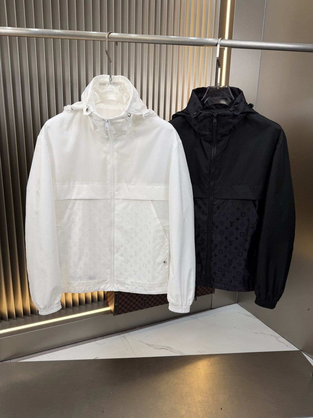 LV Hooded Monogram-Panel Zip-Front Jacket