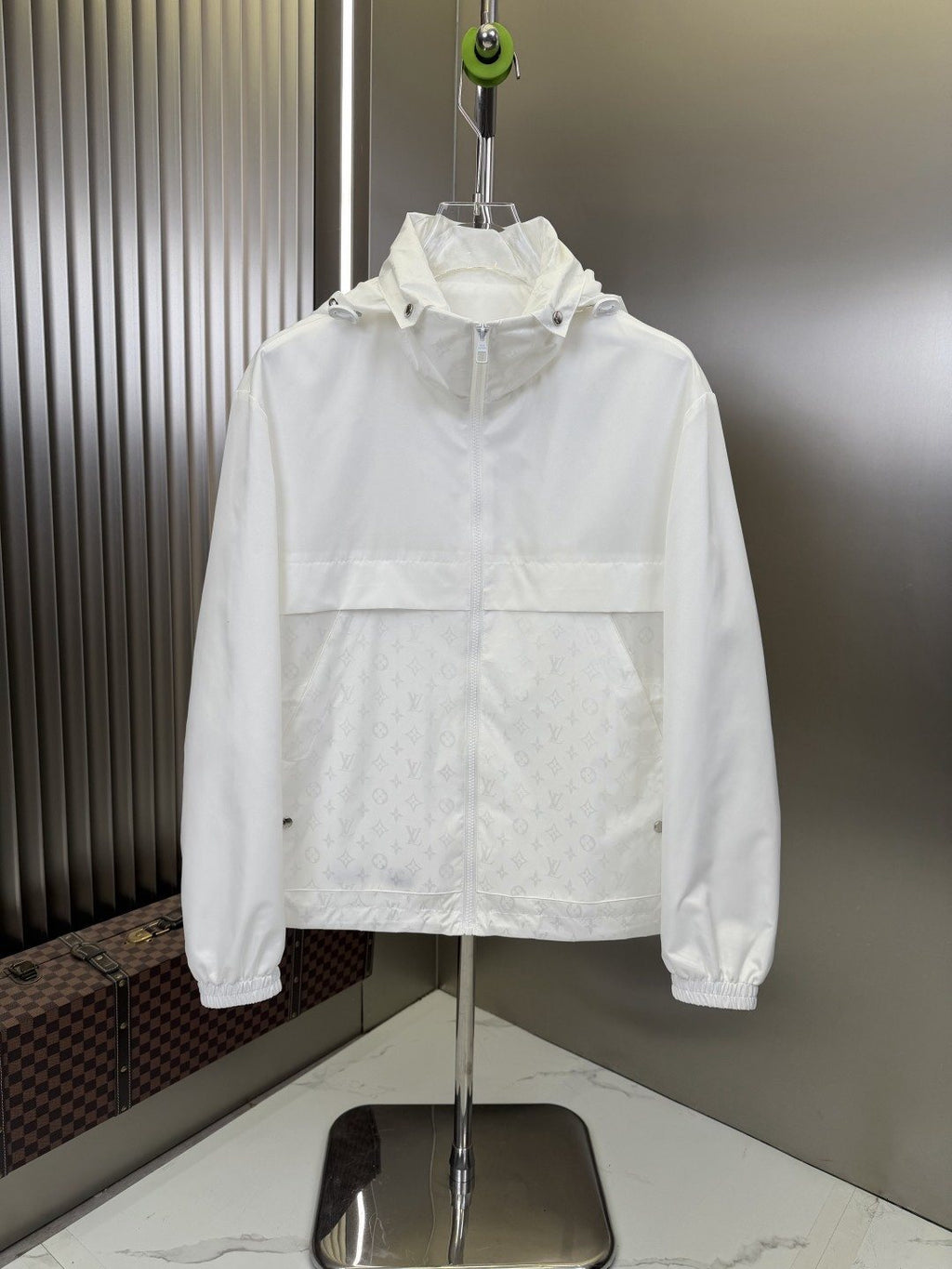 LV Hooded Monogram-Panel Zip-Front Jacket