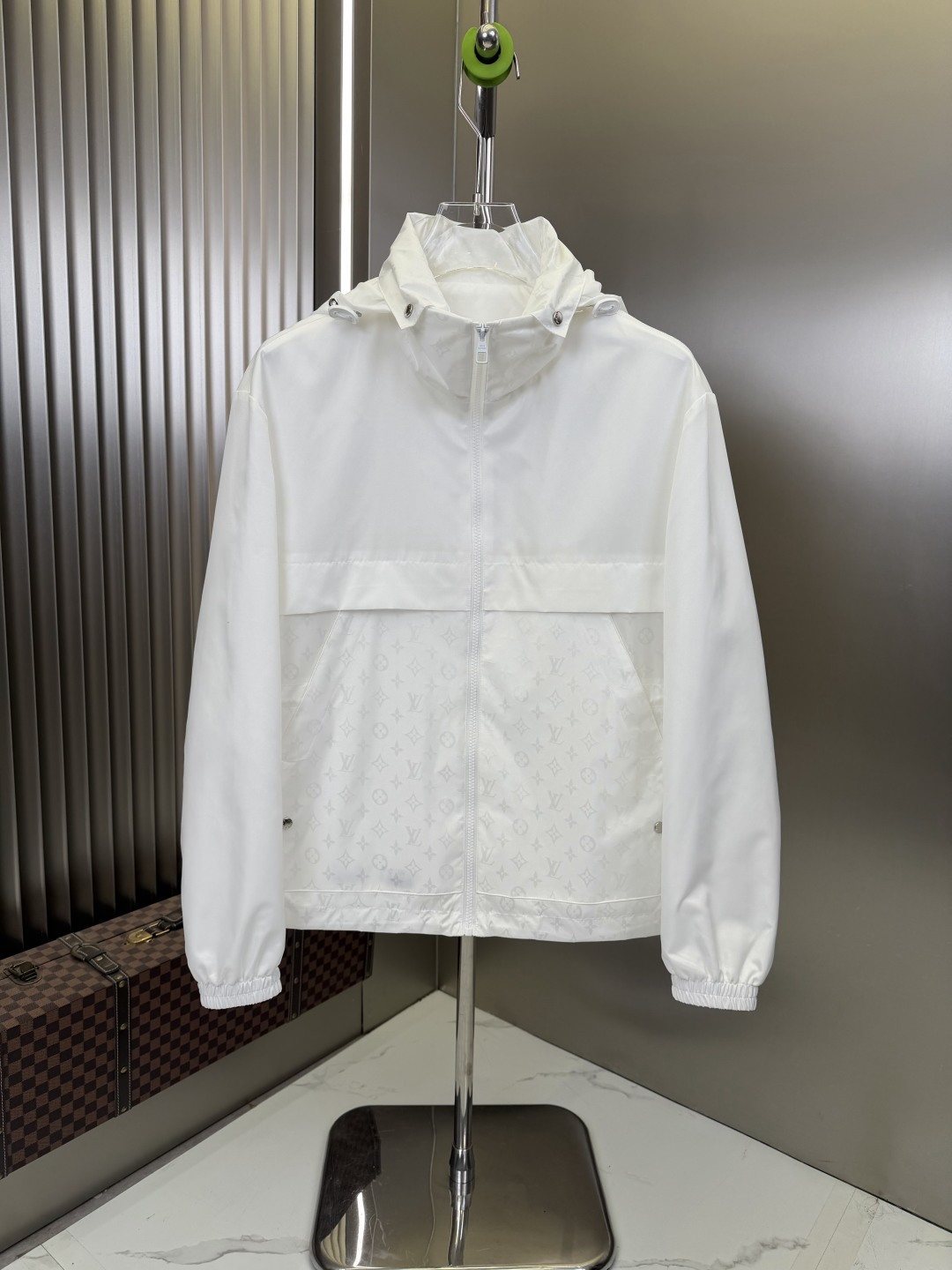 LV Hooded Monogram-Panel Zip-Front Jacket