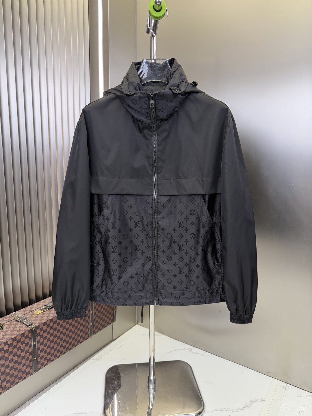 LV Hooded Monogram-Panel Zip-Front Jacket