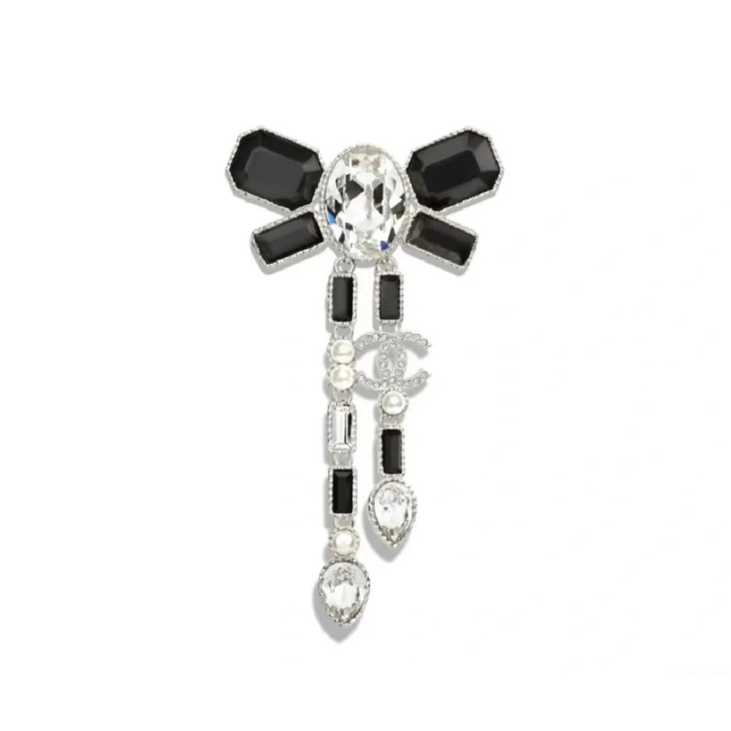 18K Chanel Bow Tie Crystals Brooch White Gold-Colour Hardware