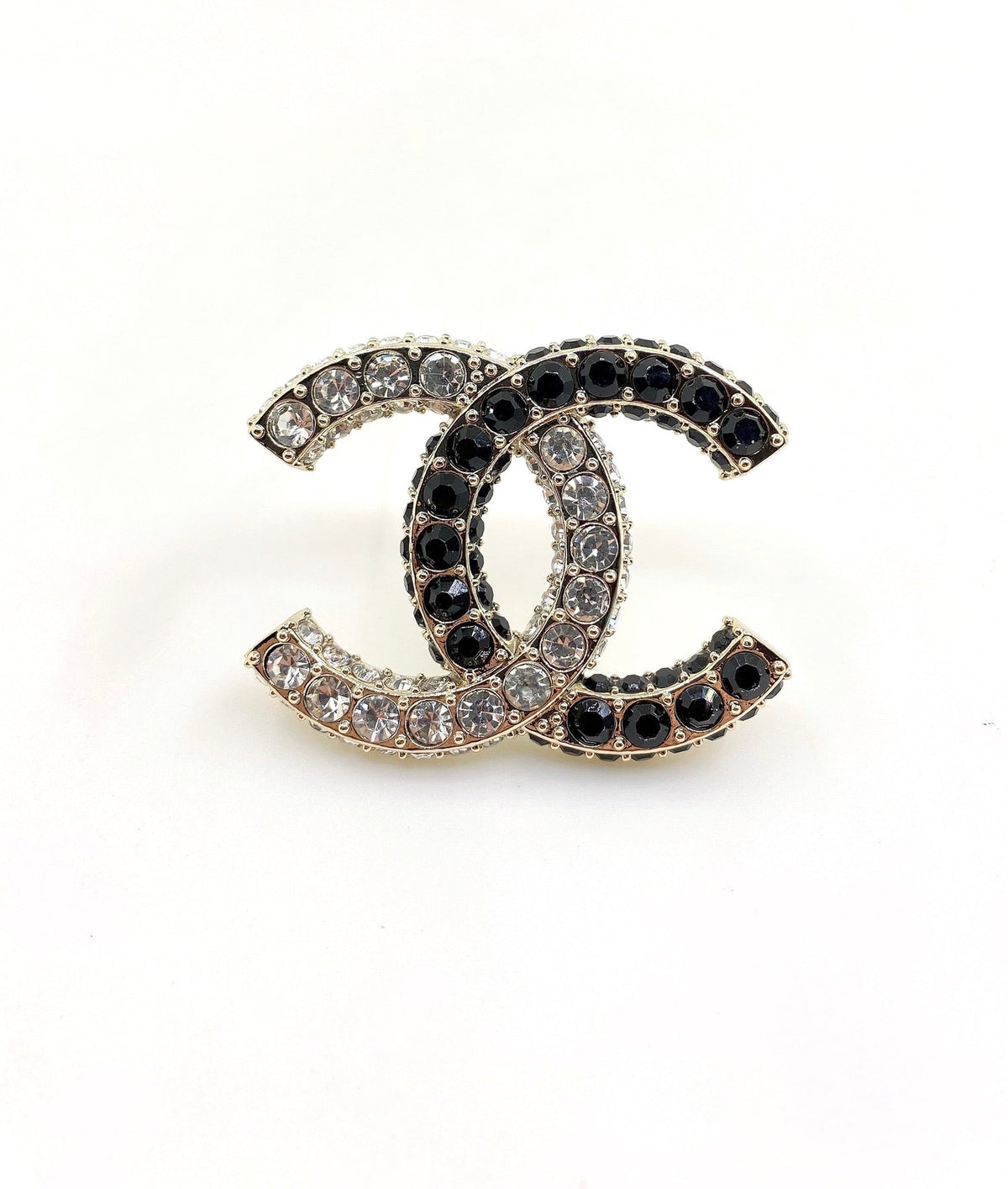 18K Chanel Black & White Crystals Brooch Yellow Gold Hardware