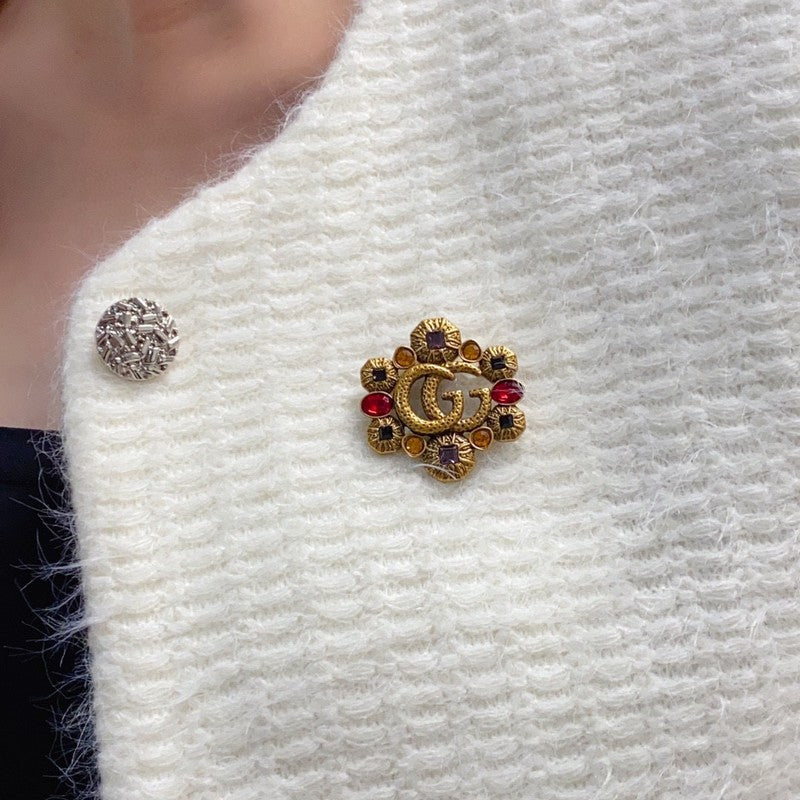 18K Double Gucci Flower Crystal Brooch Yellow Gold-Colour Hardware