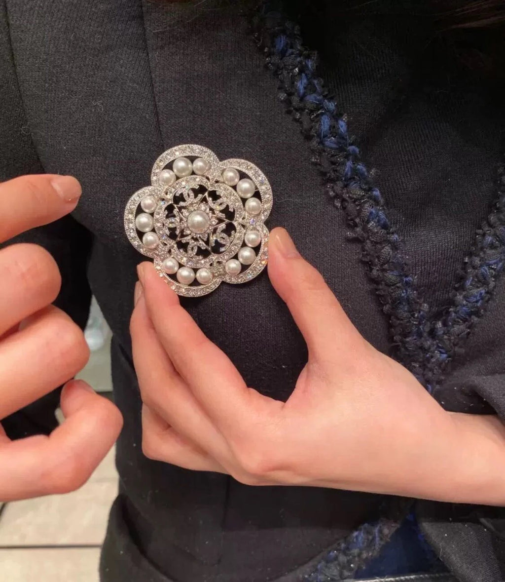 18K Chanel Camellia Pearls Brooch White Gold-Colour Hardware