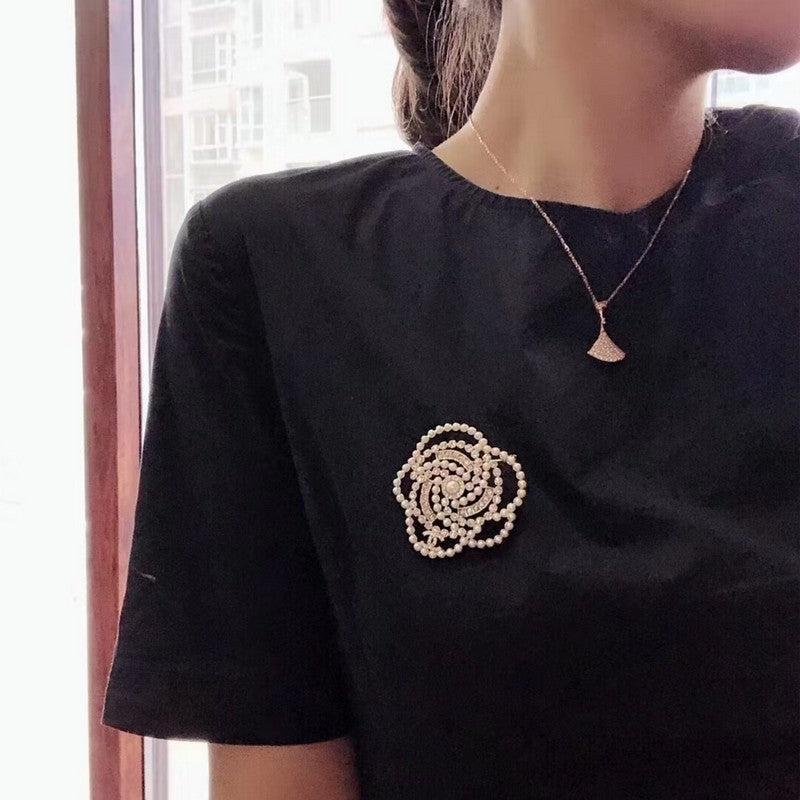 18K Chanel Camellia Pearl Brooch Yellow Gold-Colour Hardware