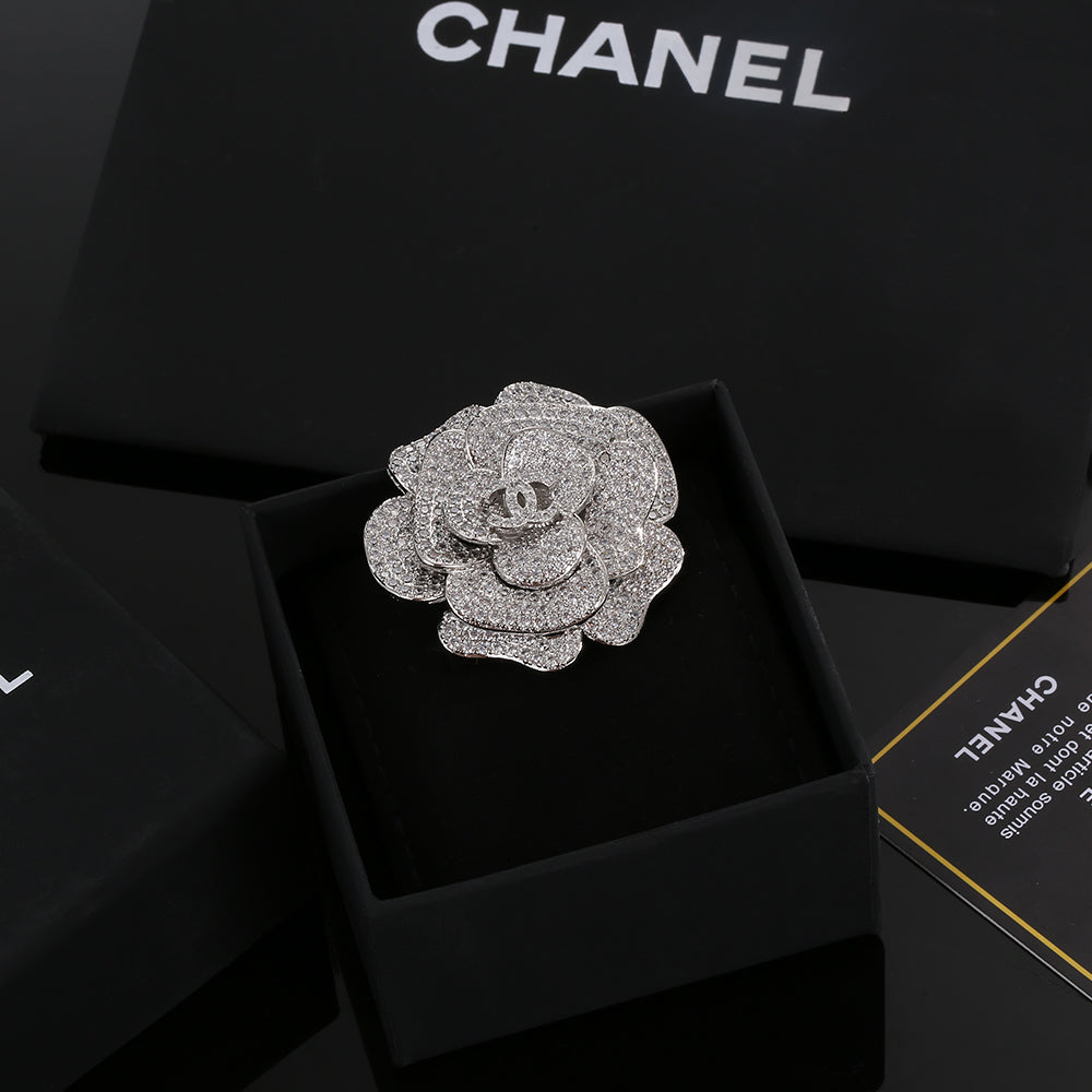 18K Chanel Camellia Diamonds Brooch White Gold-Colour Hardware
