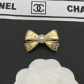 18K Chanel Bow Tie Pearl Gold Brooch Yellow White Gold Hardware