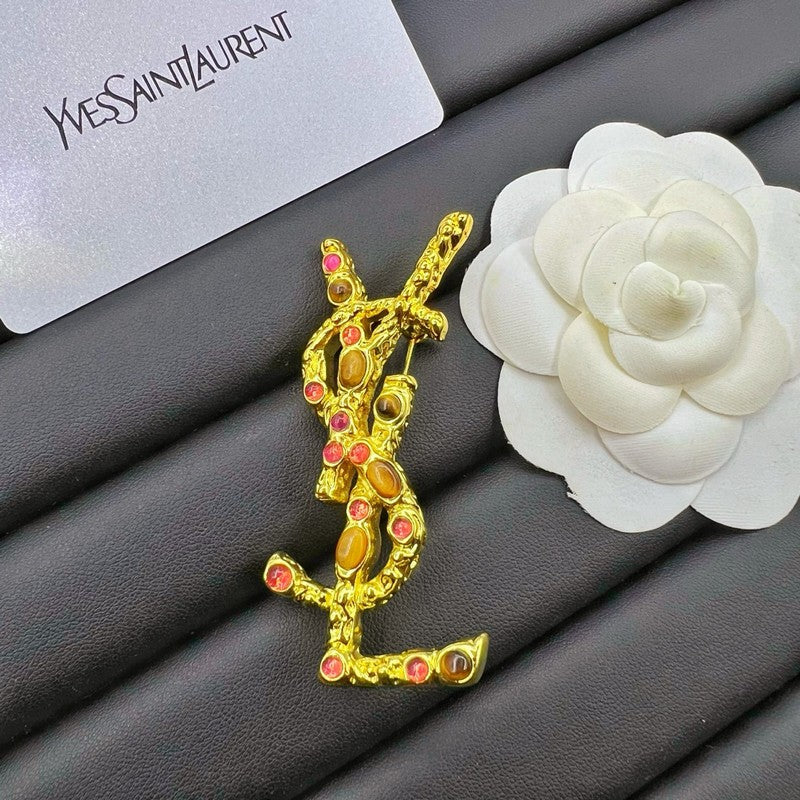 18K YSL Crystal Brooch Yellow Gold-Colour Hardware