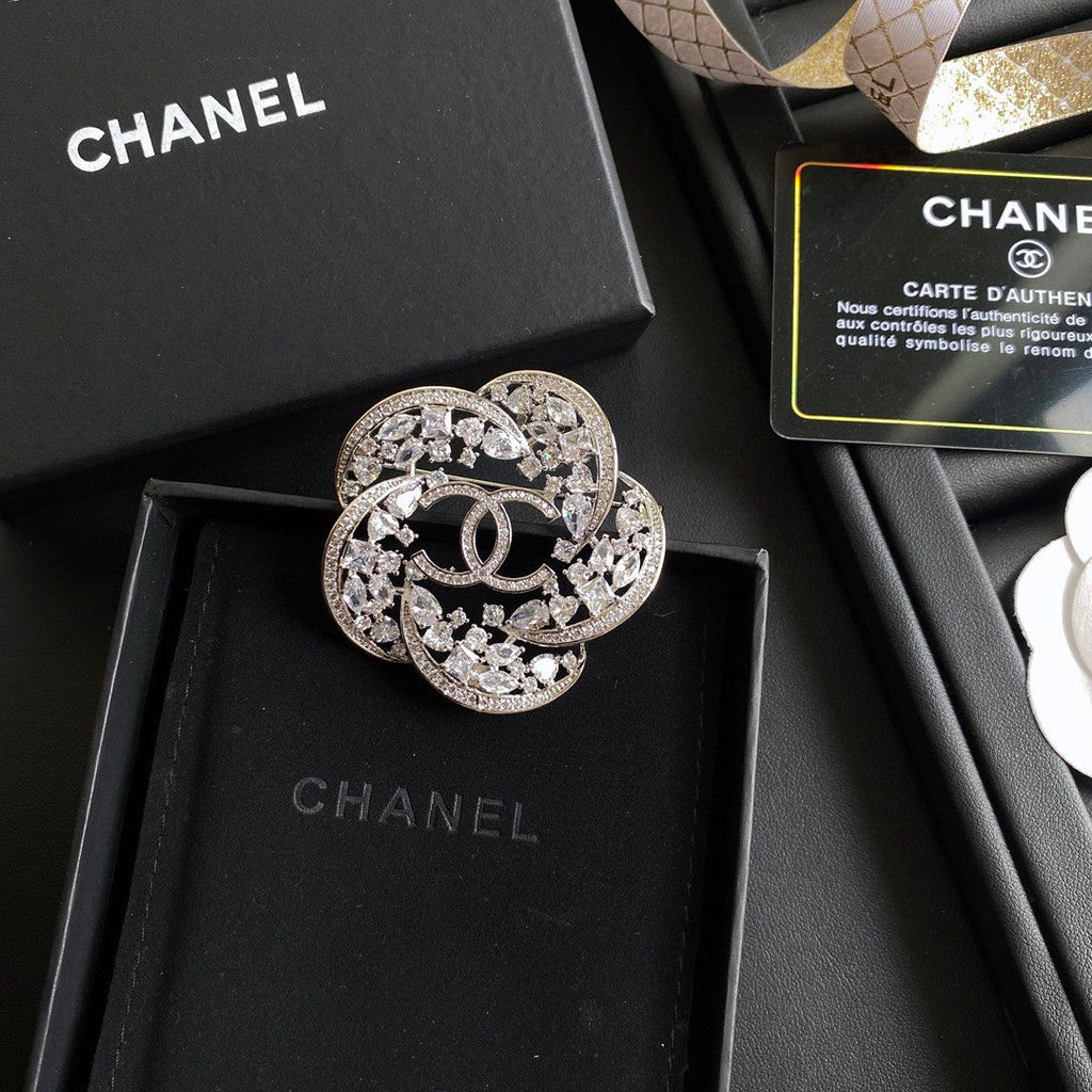18K Chanel Camellia Crystals Brooch White Gold-Colour Hardware
