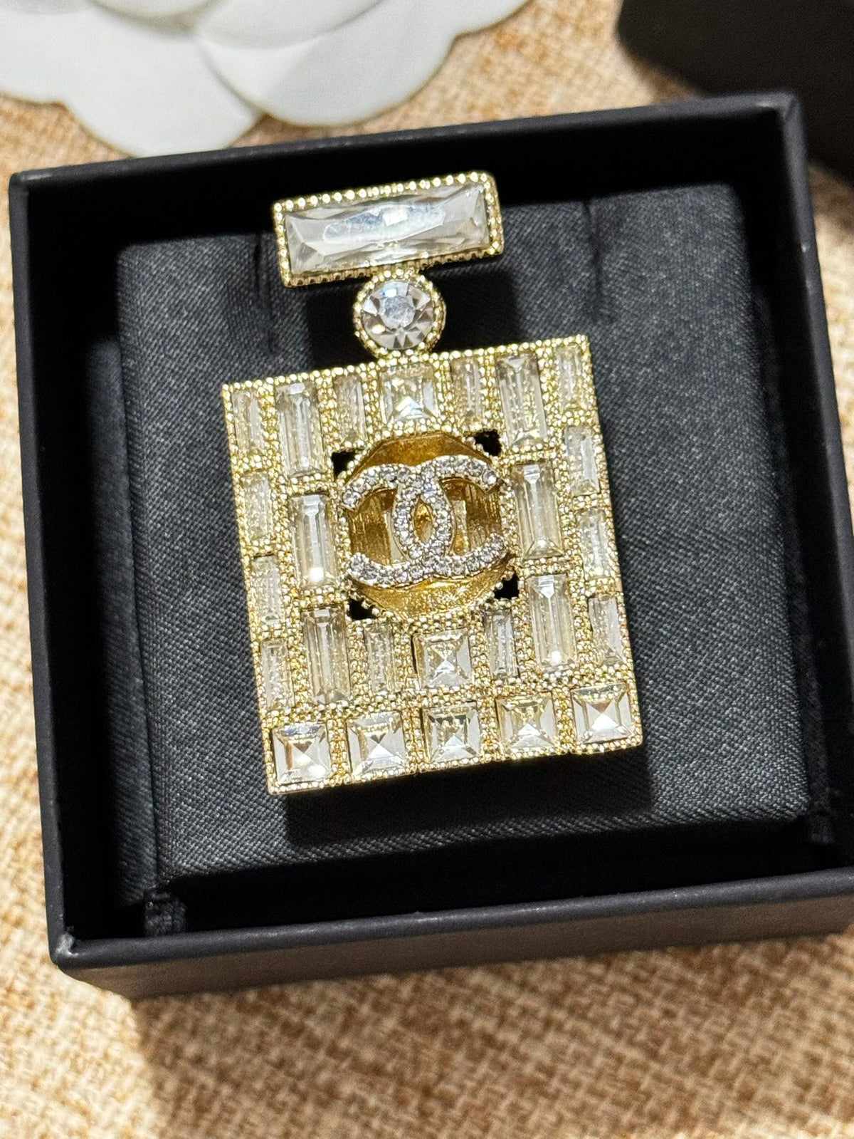 18K Chanel Perfume Bottle Crystals Brooch Yellow Gold-Colour Hardware