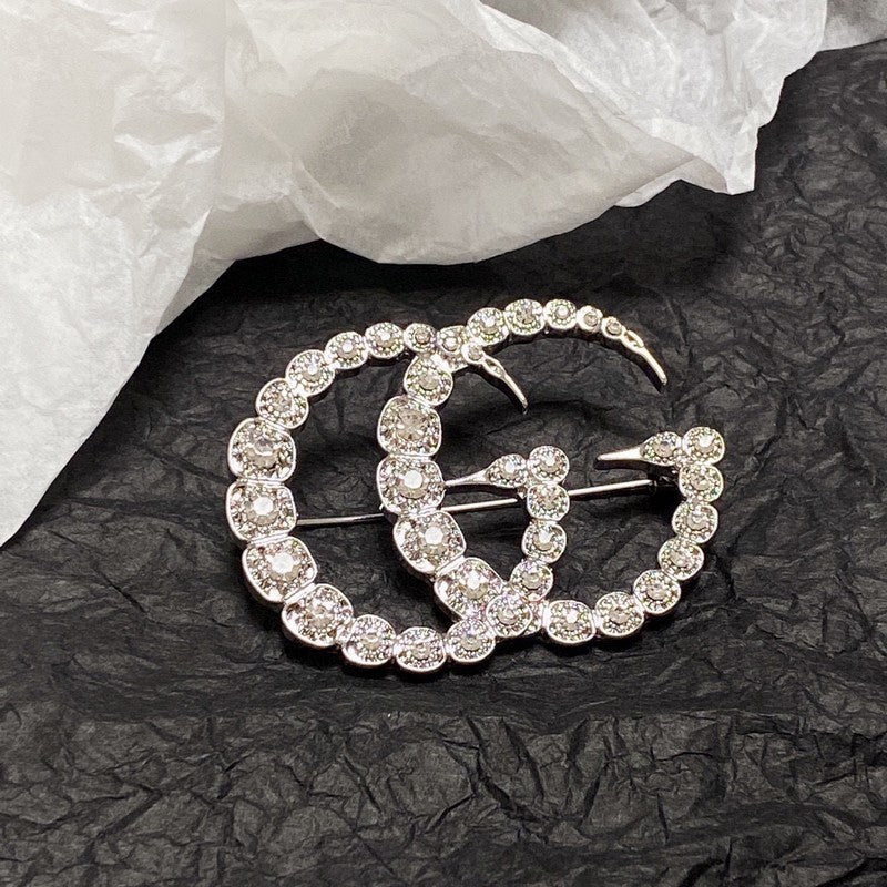 18K Double Gucci Crystal Brooch White Gold-Colour Hardware