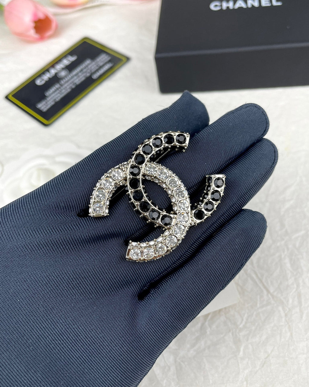 18K Chanel Black & White Crystals Brooch Yellow Gold Hardware