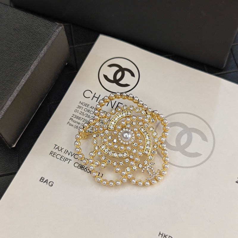 18K Chanel Camellia Pearl Brooch Yellow Gold-Colour Hardware